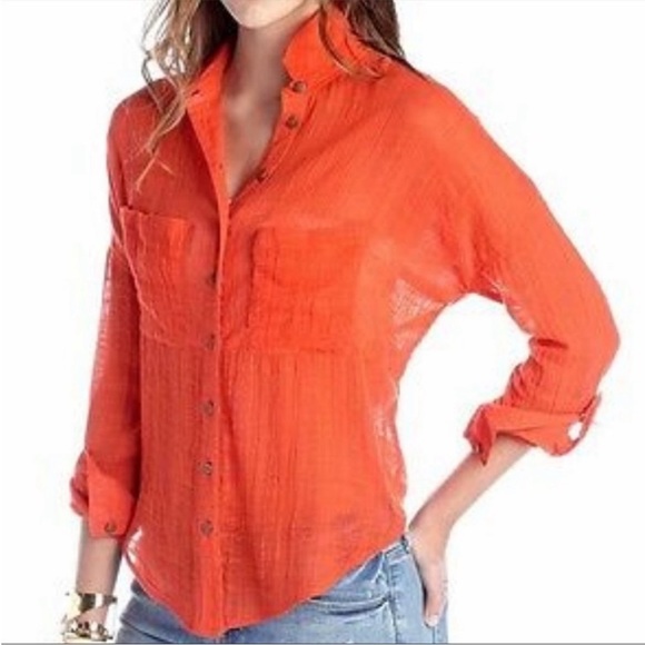 Free People Tops - •FREE PEOPLE•TOMATO RED GAUZE TIE BACK BUTTON UP COLLAR BLOUSE SIZE  MEDIUM EUC